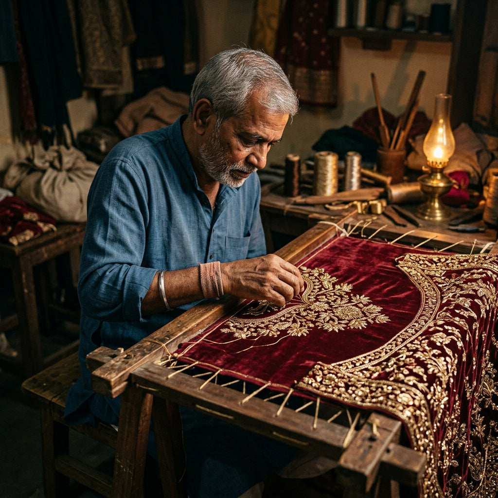 Karigar meticulously embroidering luxury fabric