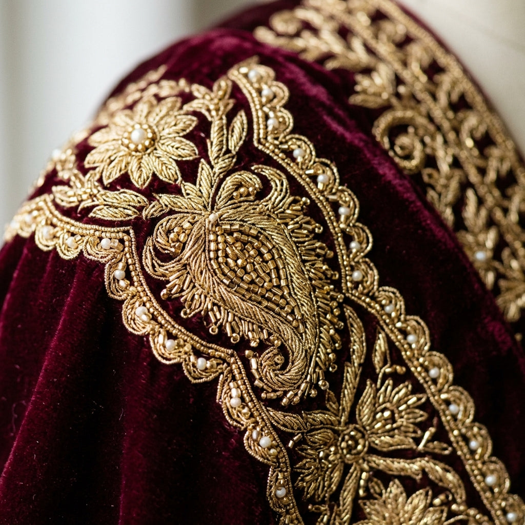 Macro detail of luxury zari gold embroidery